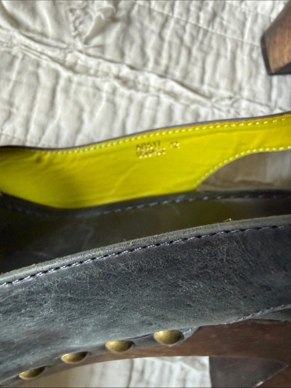 Boden Black Leather Studded Slingback Heels with Yellow Lining